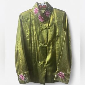 Olive Green Women’s Mandarin Collar Floral Embroidered Jacket Size Small